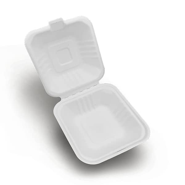 SHOP  SHOPPEE Shop & Shoppee Disposable Square Shape Bento Box with Cover | Biodegradable Sugarcane Fiber | Food Container Clamshell Take Away Box | for Burger, Mini Cakes, Lunch, Cake Box(6*6 inch, 25 pcs, White) - Image 1