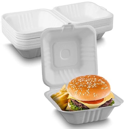 SHOP  SHOPPEE Shop & Shoppee Disposable Square Shape Bento Box with Cover | Biodegradable Sugarcane Fiber | Food Container Clamshell Take Away Box | for Burger, Mini Cakes, Lunch, Cake Box(6*6 inch, 25 pcs, White) - Image 3