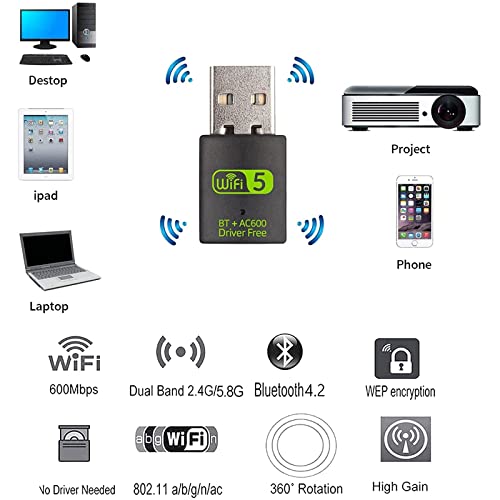 RUIZHI USB WiFi, 600Mbps Dual Band 2.4G/5.8GHz PC Adapter, Bluetooth 4.2 Dongle Card for Laptop Windows 11/10/8/8.1/7/Xp, Mac 10.9-1015 - Image 5