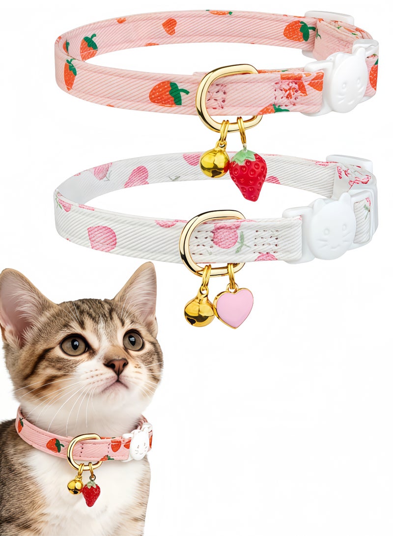 2 Pack Cotton Breakaway Cat Collar Pink Strawberries and White Heart Shaped Pendant Cute Kitten Cat Collar with Bell - Image 1