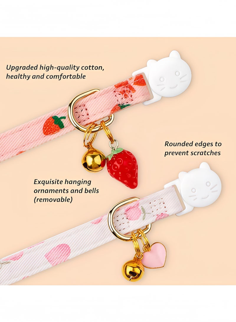 2 Pack Cotton Breakaway Cat Collar Pink Strawberries and White Heart Shaped Pendant Cute Kitten Cat Collar with Bell - Image 2