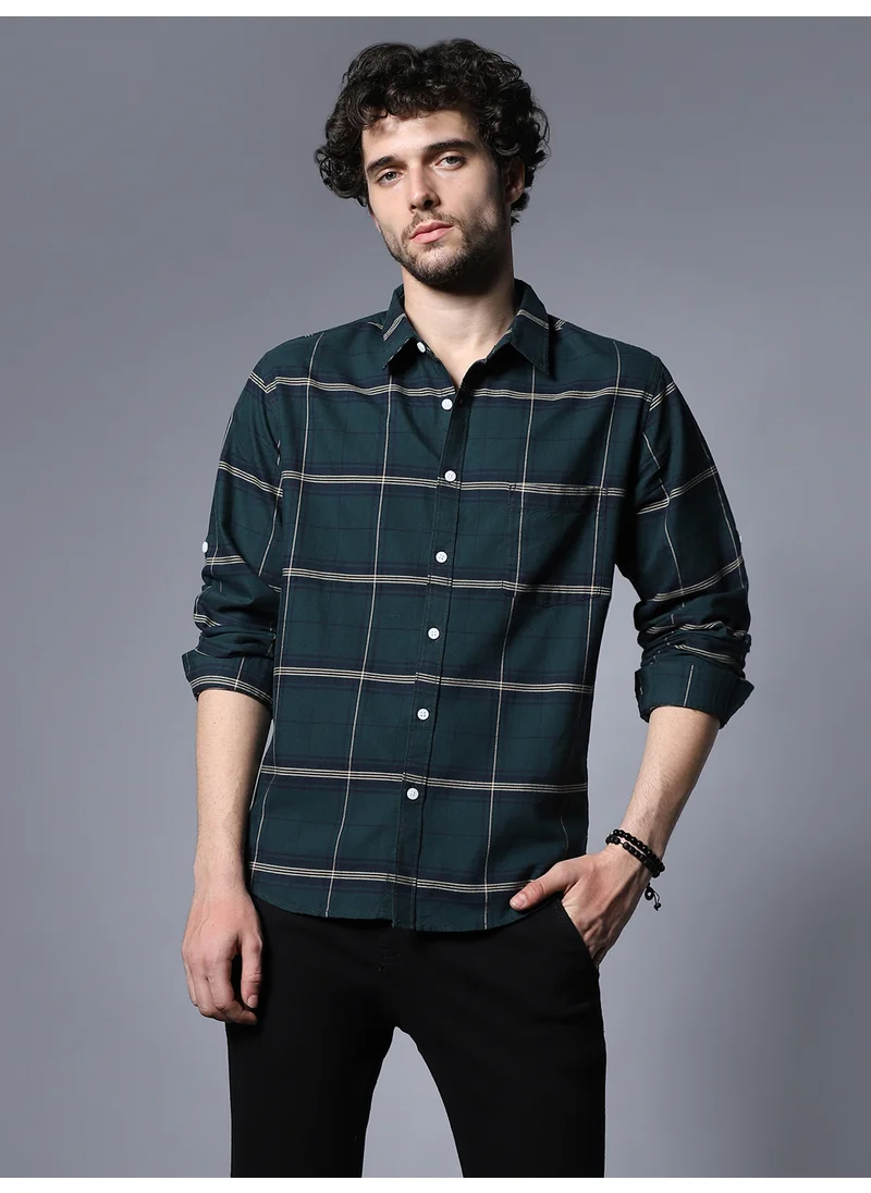 HIGH STAR Green Windowpane Checked Cotton Casual Shirt for Men