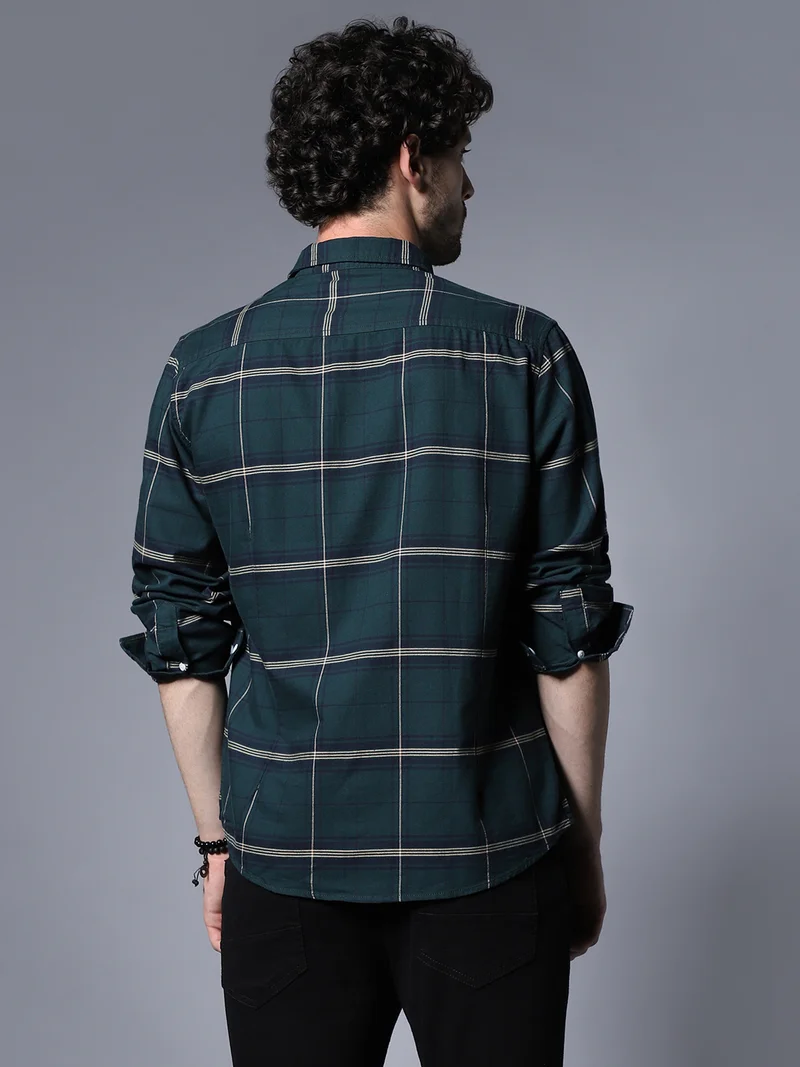 HIGH STAR Green Windowpane Checked Cotton Casual Shirt for Men