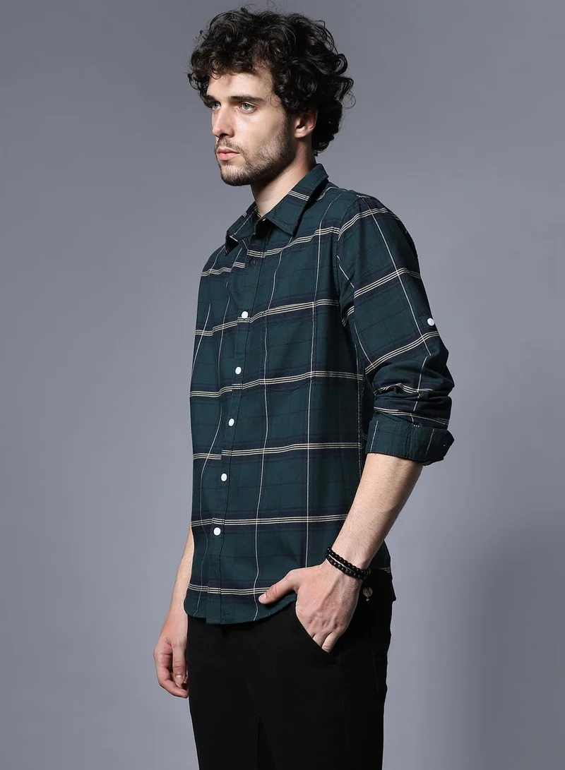 HIGH STAR Green Windowpane Checked Cotton Casual Shirt for Men