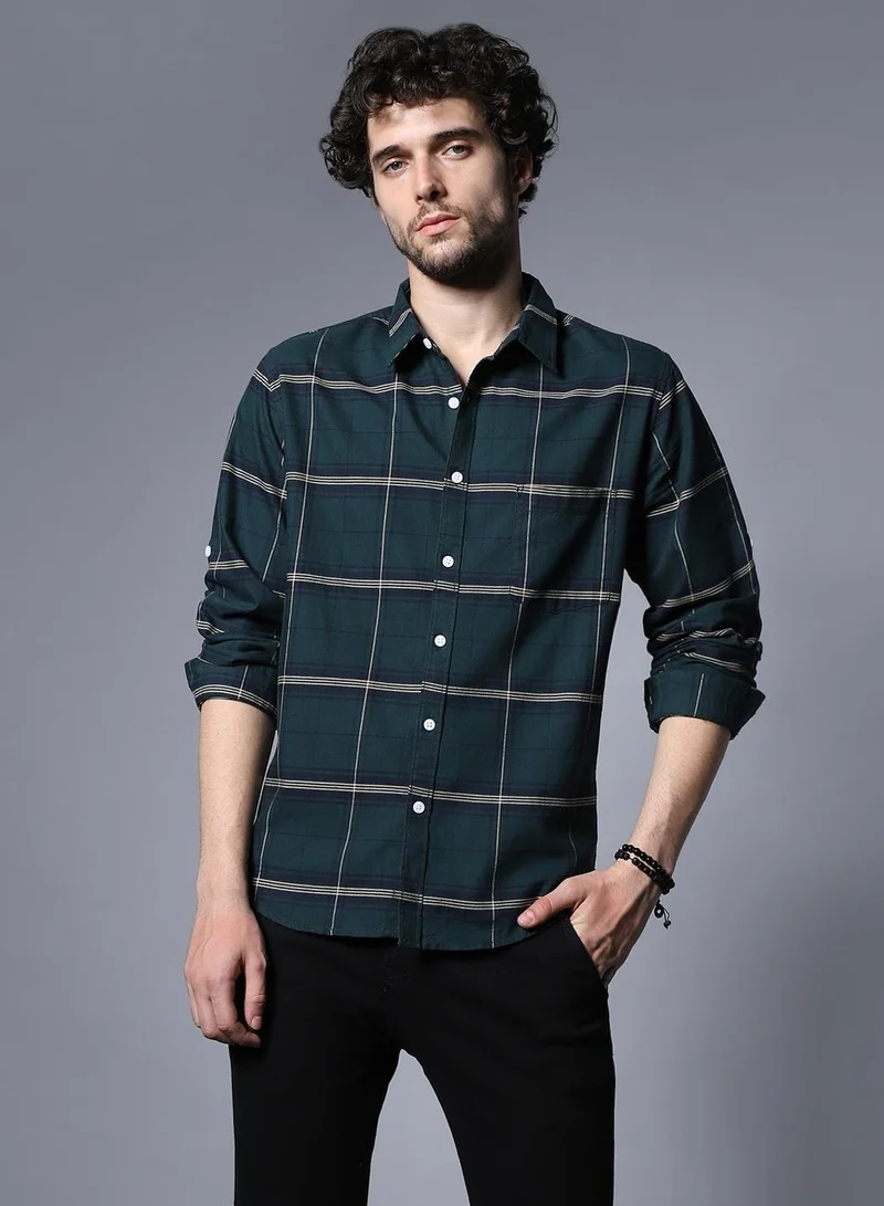 HIGH STAR Green Windowpane Checked Cotton Casual Shirt for Men