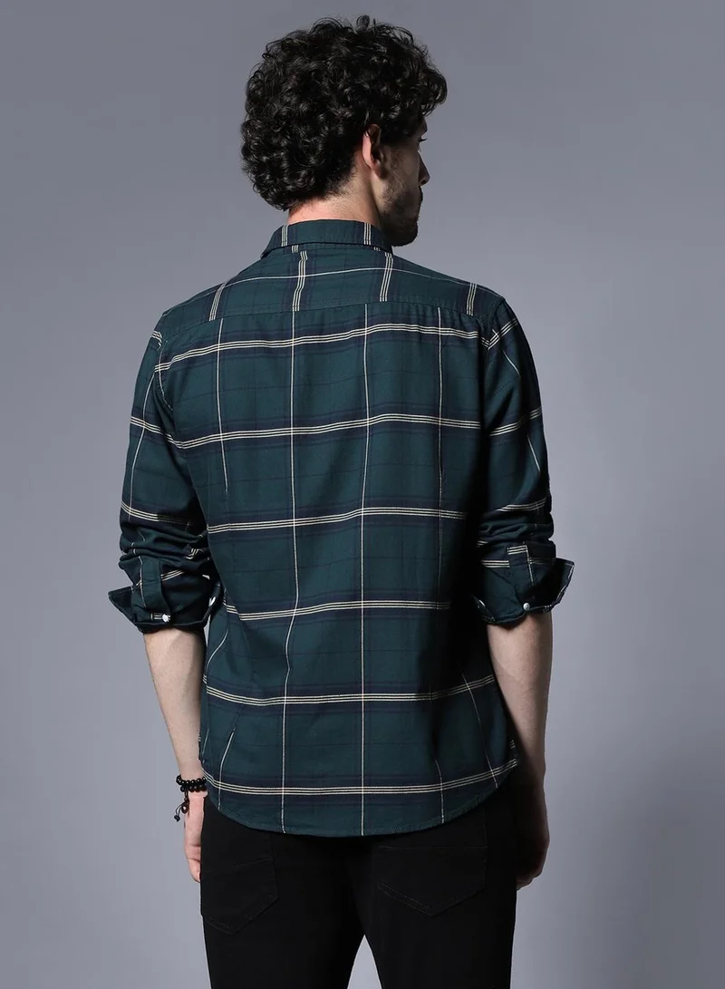 HIGH STAR Green Windowpane Checked Cotton Casual Shirt for Men