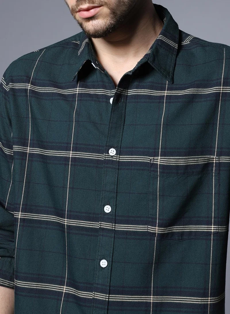 HIGH STAR Green Windowpane Checked Cotton Casual Shirt for Men