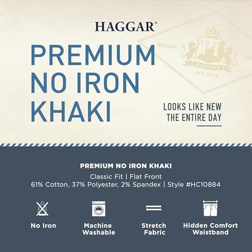 Haggar mens Premium No Iron Khaki Classic Fit Expandable Waist Flat Front Casual Pants, Khaki, 38W x 29L US - Image 4