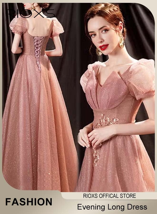 RIOXS Women's Elegant Ball Gown Luxury Crystal Formal Dresse Rose Pink Evening Long Dress of 105cm/41.3inch For Wedding & Birthday Party & Official Occasions  - Image 2