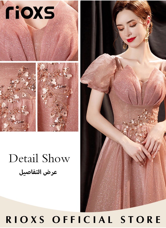 RIOXS Women's Elegant Ball Gown Luxury Crystal Formal Dresse Rose Pink Evening Long Dress of 105cm/41.3inch For Wedding & Birthday Party & Official Occasions  - Image 2