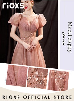 RIOXS Women's Elegant Ball Gown Luxury Crystal Formal Dresse Rose Pink Evening Long Dress of 105cm/41.3inch For Wedding & Birthday Party & Official Occasions  - Image 5