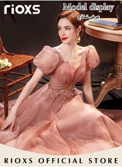 RIOXS Women's Elegant Ball Gown Luxury Crystal Formal Dresse Rose Pink Evening Long Dress of 105cm/41.3inch For Wedding & Birthday Party & Official Occasions  - Image 3