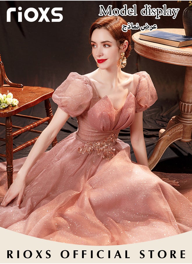 RIOXS Women's Elegant Ball Gown Luxury Crystal Formal Dresse Rose Pink Evening Long Dress of 105cm/41.3inch For Wedding & Birthday Party & Official Occasions  - Image 3