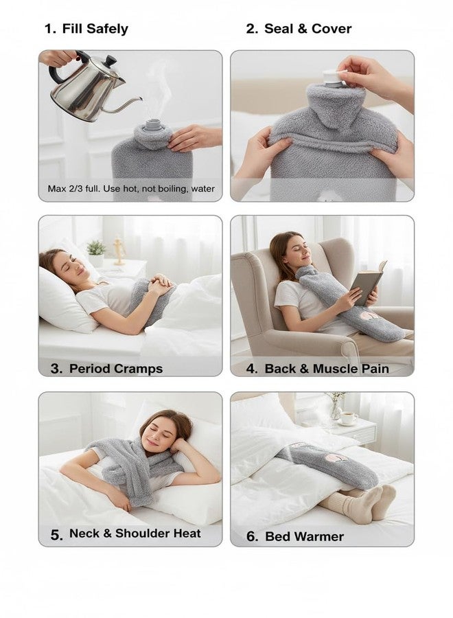 MENOVAS Extra Long 2L Hot Water Bottle with Super Soft Fleece Cover, Durable Natural Rubber, Long Lasting Warmth for Neck, Back & Body, Winter Comfort, Hand and Foot Warmer for Waist - Hot Water Bag (Grey) - Image 3