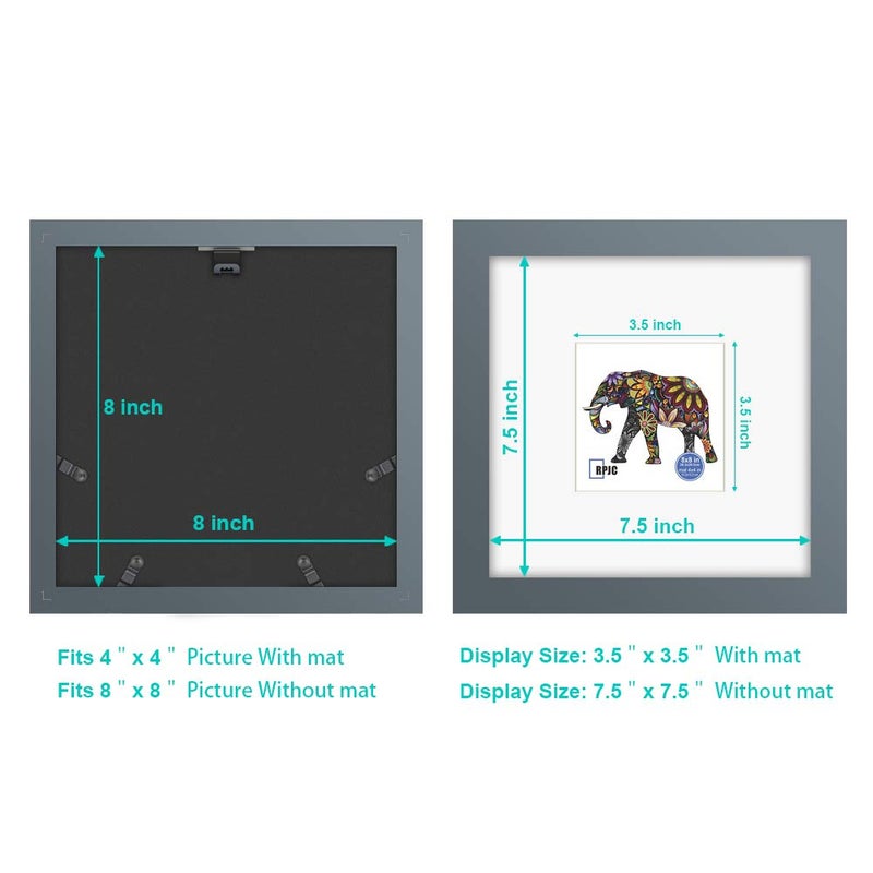 RPJC RPJC 8x8 Soild Wood Picture Frame with High Definition Glass Display Picture 4x4 with Mat or 8x8 Without Mat for Wall Mounting Hanging Photo Frames Grey - Image 4