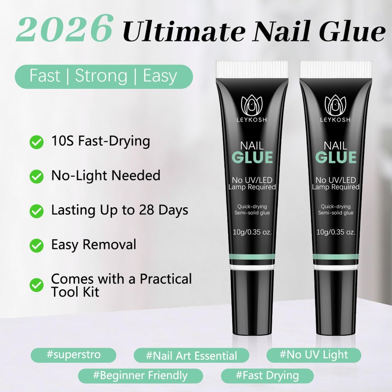 LEYKOSH Nail Glue for Press Ons, 10s Fast-Drying No U V Light Needed - Upgrade Super Strong Semi Solid Gel Nail Glue Last Up to 28+ Days & Easy to Remove, 10g*2 High Capacity for Fake & Acrylic Nail Tips - Image 2
