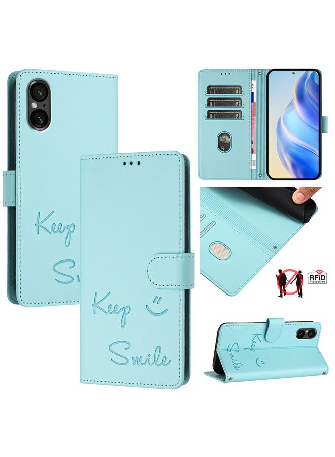 For Sony Xperia 5 VI Smile Embossing RFID Leather Phone Case(Mint Green)