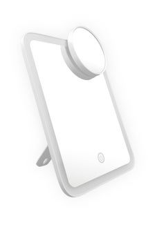 Portable LED Makeup Mirror - 3 Adjustable Light Settings, 1x Large & Detachable 10x Magnifying Mirror, Cordless Travel Mirror with 360° Rotatable Kickstand - White.