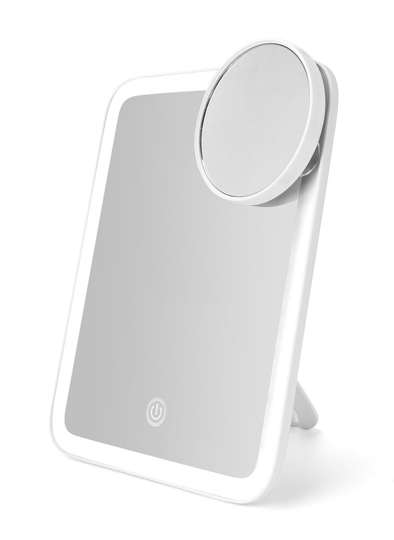 SNOWFLAKES SNOWFLAKES - Portable LED Makeup Mirror - 3 Adjustable Light Settings, 1x Large & Detachable 10x Magnifying Mirror, Cordless Travel Mirror with 360° Rotatable Kickstand - White. - Image 1