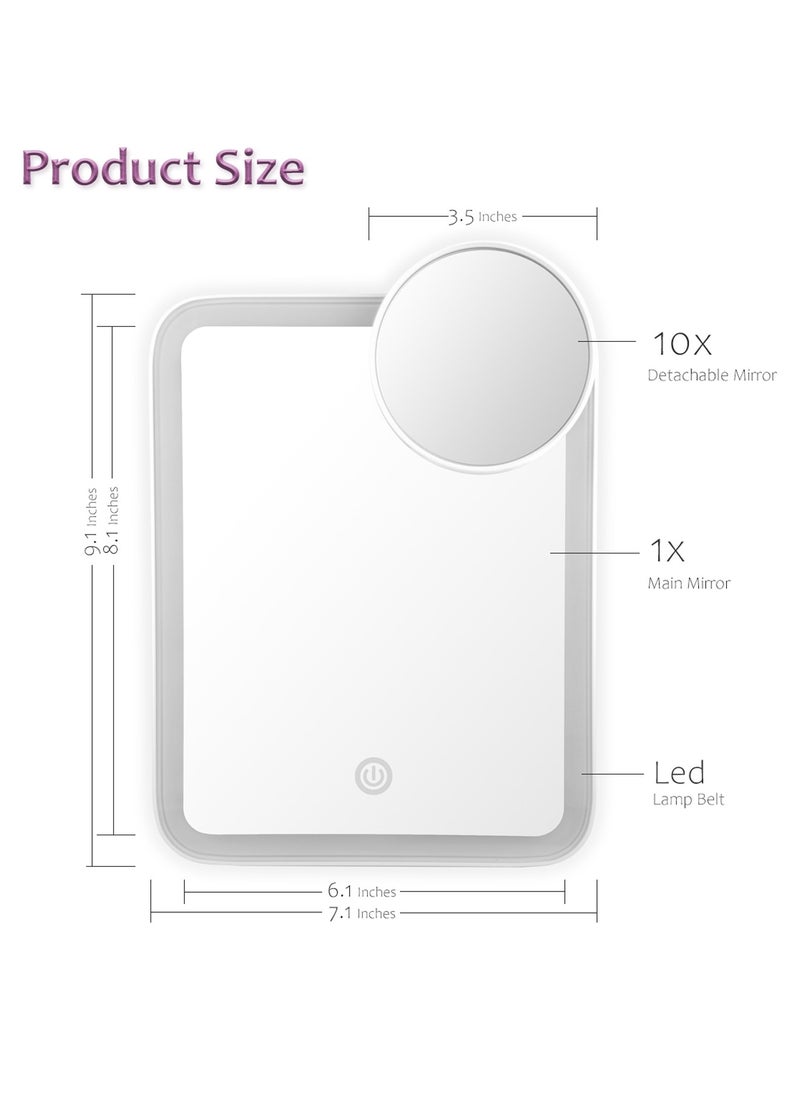 SNOWFLAKES SNOWFLAKES - Portable LED Makeup Mirror - 3 Adjustable Light Settings, 1x Large & Detachable 10x Magnifying Mirror, Cordless Travel Mirror with 360° Rotatable Kickstand - White. - Image 1