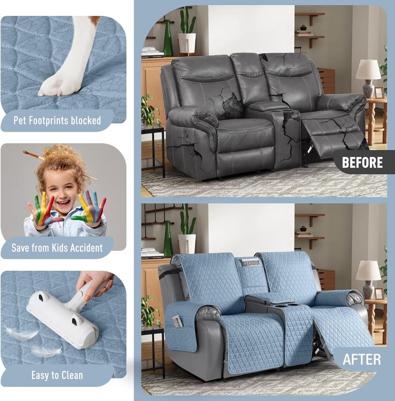 TAOCOCO 100% Waterproof Loveseat Recliner Cover with Console, Non-Slip Washable Reclining Couch Cover for 2 Seats, Furniture Protector for Dogs, Sky Blue - Image 2