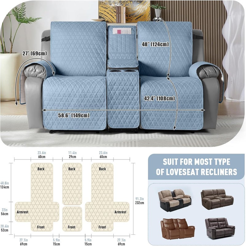 TAOCOCO 100% Waterproof Loveseat Recliner Cover with Console, Non-Slip Washable Reclining Couch Cover for 2 Seats, Furniture Protector for Dogs, Sky Blue - Image 3