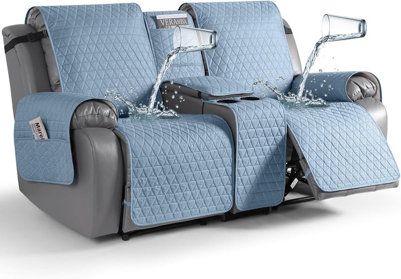 TAOCOCO 100% Waterproof Loveseat Recliner Cover with Console, Non-Slip Washable Reclining Couch Cover for 2 Seats, Furniture Protector for Dogs, Sky Blue - Image 1
