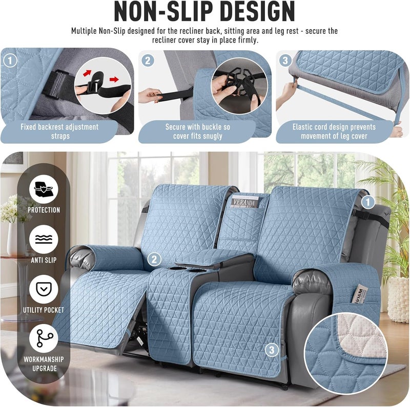 TAOCOCO 100% Waterproof Loveseat Recliner Cover with Console, Non-Slip Washable Reclining Couch Cover for 2 Seats, Furniture Protector for Dogs, Sky Blue - Image 5