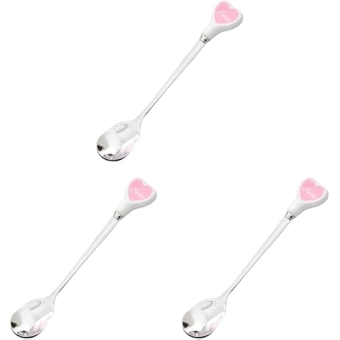 ريحني ملعقة تقديم من الفولاذ المقاوم للصدأ 3 قطع من الفولاذ المقاوم للصدأ ملاعق حلوى سيراميك لطيف مقبض قلب أنيق للبنان والبنات، قهوة مثلج - Image 1