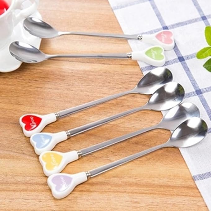 ريحني ملعقة تقديم من الفولاذ المقاوم للصدأ 3 قطع من الفولاذ المقاوم للصدأ ملاعق حلوى سيراميك لطيف مقبض قلب أنيق للبنان والبنات، قهوة مثلج - Image 3