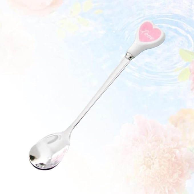 ريحني ملعقة تقديم من الفولاذ المقاوم للصدأ 3 قطع من الفولاذ المقاوم للصدأ ملاعق حلوى سيراميك لطيف مقبض قلب أنيق للبنان والبنات، قهوة مثلج - Image 4