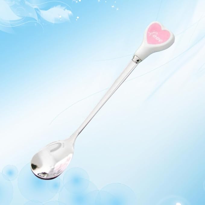 ريحني ملعقة تقديم من الفولاذ المقاوم للصدأ 3 قطع من الفولاذ المقاوم للصدأ ملاعق حلوى سيراميك لطيف مقبض قلب أنيق للبنان والبنات، قهوة مثلج - Image 5