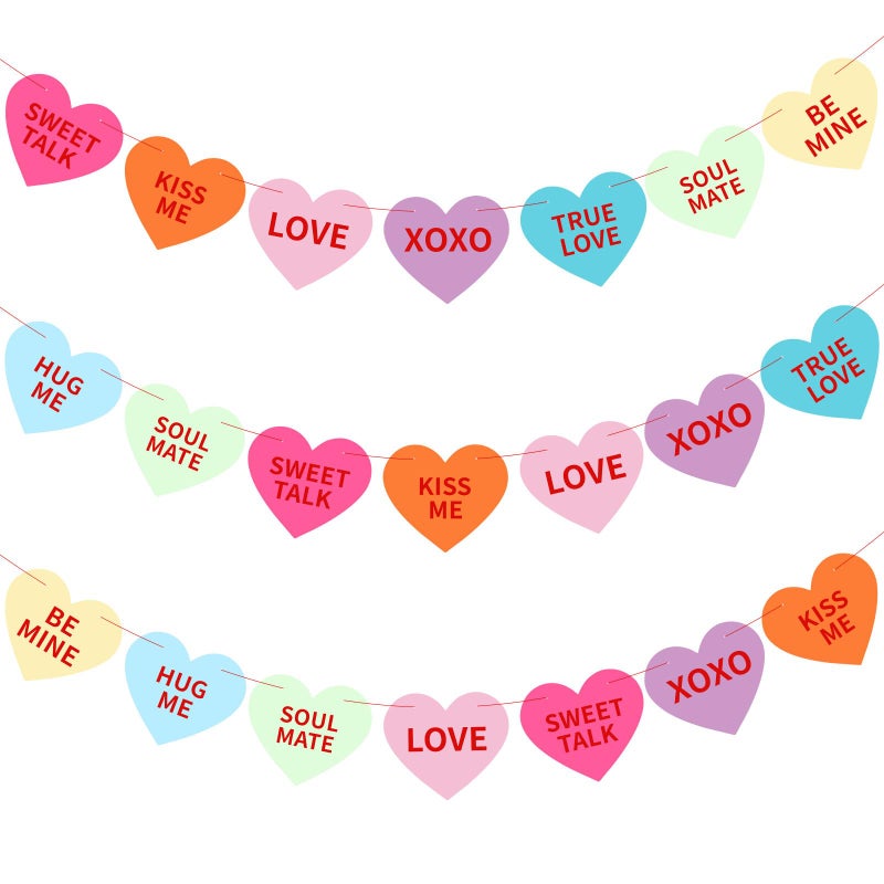 Jansun Valentines Conversation Heart Banner, 3 Pack Candy Hearts Sayings Colorful Love Hanging Garland for Valentines Wedding Birthday Party Decoration - Image 1