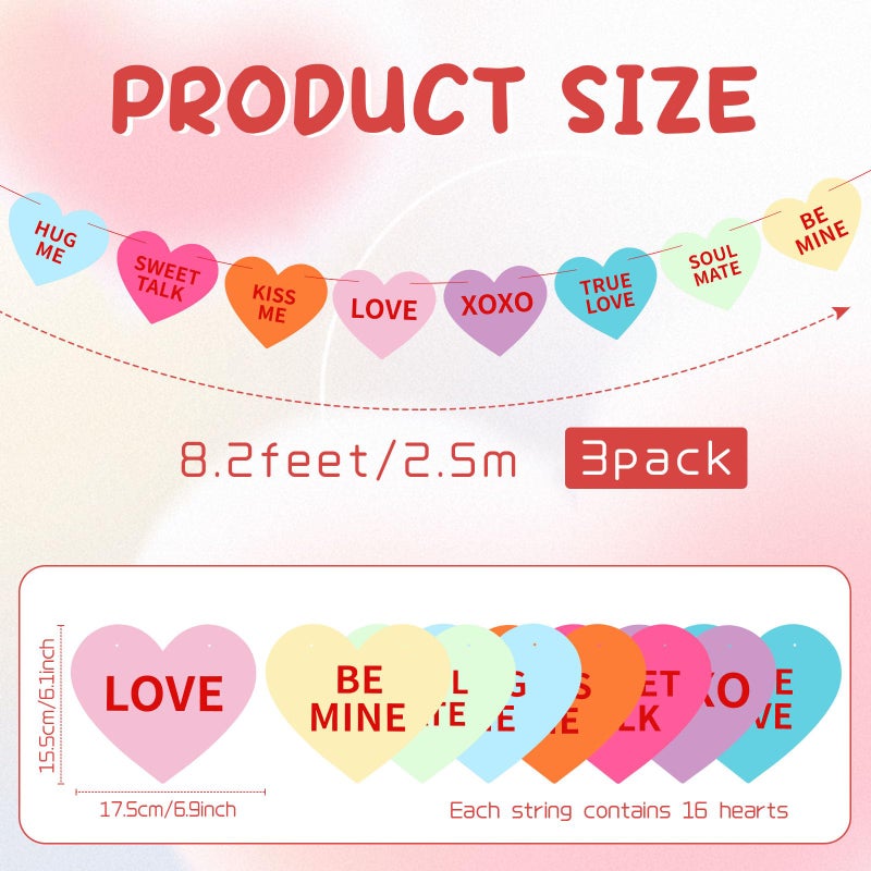 Jansun Valentines Conversation Heart Banner, 3 Pack Candy Hearts Sayings Colorful Love Hanging Garland for Valentines Wedding Birthday Party Decoration - Image 2