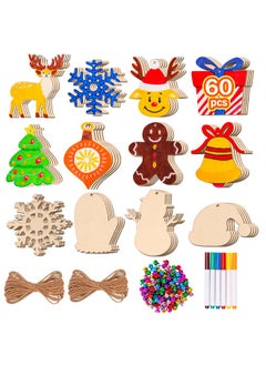 Max Fun 60Pcs Christmas Wooden Ornaments Unfinished Predrilled Wood Slices Circles For Crafts Xmas Holiday Hanging Decoration In 12 Shapes  - Image 1
