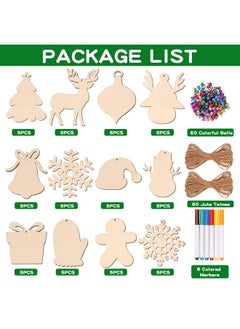 Max Fun 60Pcs Christmas Wooden Ornaments Unfinished Predrilled Wood Slices Circles For Crafts Xmas Holiday Hanging Decoration In 12 Shapes  - Image 2