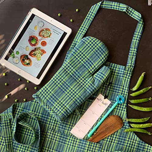PIXEL HOME DECOR Pixel Home Cotton Apron 100% Cotton Check Kitchen Apron with Front Center Pocket (Apron With Oven Mitt) (Green Pin Stripe) - Image 1