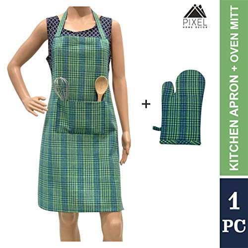 PIXEL HOME DECOR Pixel Home Cotton Apron 100% Cotton Check Kitchen Apron with Front Center Pocket (Apron With Oven Mitt) (Green Pin Stripe) - Image 2