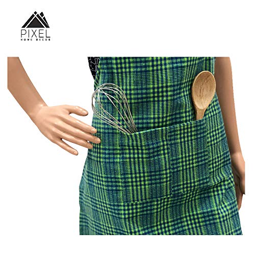 PIXEL HOME DECOR Pixel Home Cotton Apron 100% Cotton Check Kitchen Apron with Front Center Pocket (Apron With Oven Mitt) (Green Pin Stripe) - Image 5
