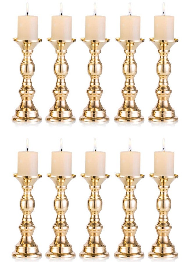 NUPTIO Set of 10 Gold Metal Pillar Candle Holders, Wedding Centerpieces Candlestick Holders for 2 inches Candles Stand Decoration Ideal for Weddings, Special Events, Parties - Image 1
