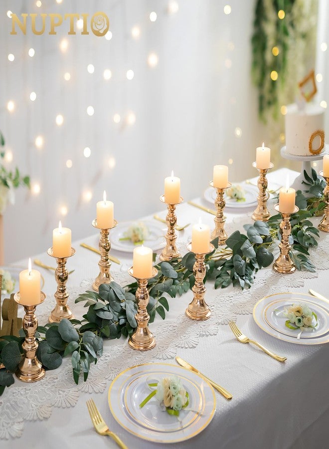 NUPTIO Set of 10 Gold Metal Pillar Candle Holders, Wedding Centerpieces Candlestick Holders for 2 inches Candles Stand Decoration Ideal for Weddings, Special Events, Parties - Image 2