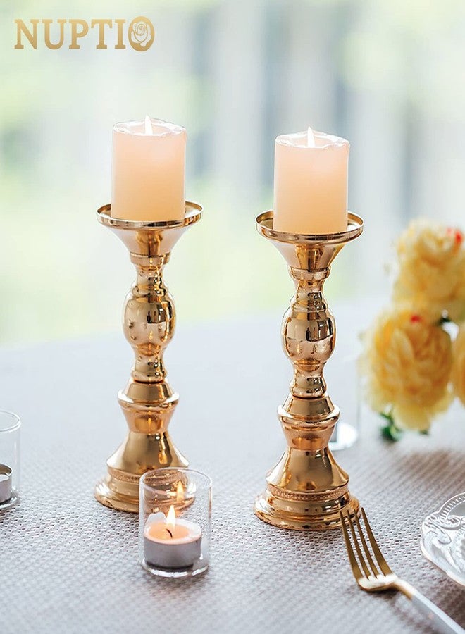 NUPTIO Set of 10 Gold Metal Pillar Candle Holders, Wedding Centerpieces Candlestick Holders for 2 inches Candles Stand Decoration Ideal for Weddings, Special Events, Parties - Image 4