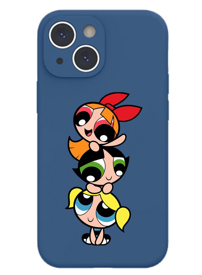 Theodor Protective Slim Fit Case Liquid Silicone Cover with Full Body Protection Anti-Scratch Shockproof Case For iPhone 13 Blue  - Pretty Girls Illustration  - Image 1