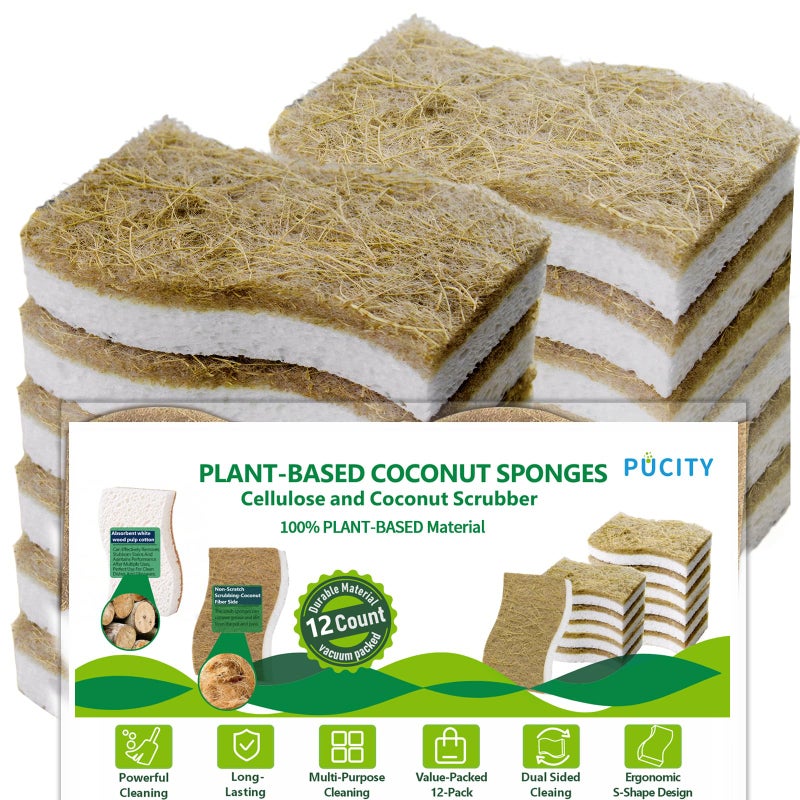 Sponges Kitchen Natural Dish Sponge PlantBased Biodegradable Compostable Cellulose with Coconut Scrubber Sponge Non Scratch Eco Friendly Kitchen sponges for Kitchen DishesPack of 12