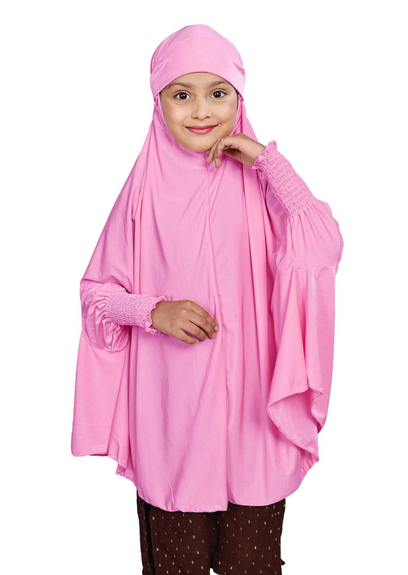 ICW Girls' Prayer Polyknit Jersey Islamic Long-Sleeves with Smocking Jilbab Khimar MakhanaHijab For Kids (Pink, 8-15 Years (40 inch Length)) - Image 1