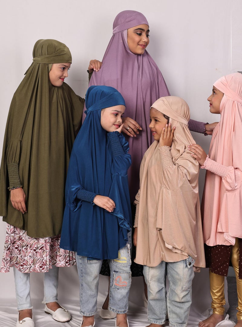 ICW Girls' Prayer Polyknit Jersey Islamic Long-Sleeves with Smocking Jilbab Khimar MakhanaHijab For Kids (Pink, 8-15 Years (40 inch Length)) - Image 5