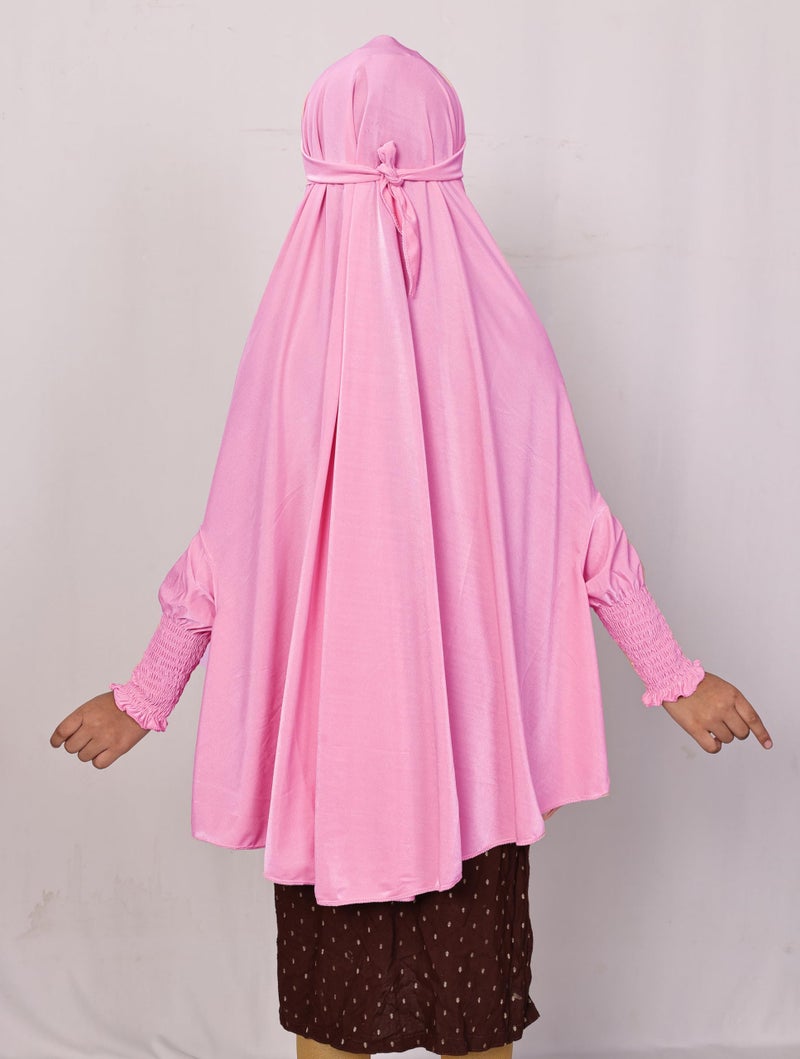 ICW Girls' Prayer Polyknit Jersey Islamic Long-Sleeves with Smocking Jilbab Khimar MakhanaHijab For Kids (Pink, 8-15 Years (40 inch Length)) - Image 2