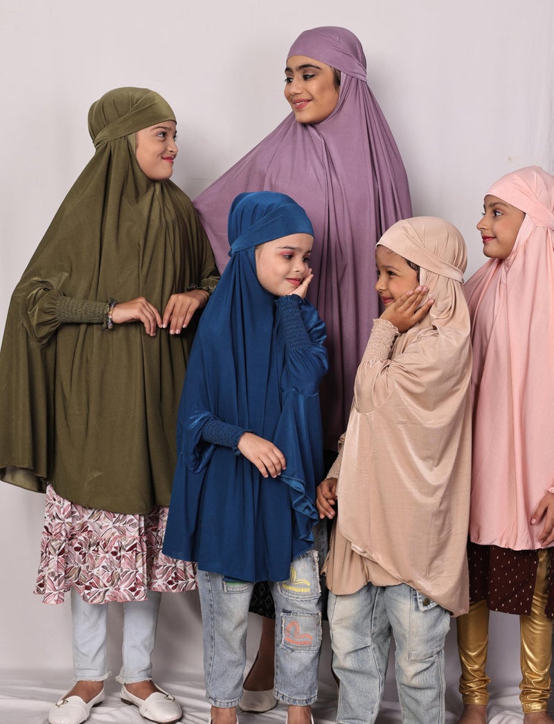 ICW Girls' Prayer Polyknit Jersey Islamic Long-Sleeves with Smocking Jilbab Khimar MakhanaHijab For Kids (Pink, 8-15 Years (40 inch Length)) - Image 4