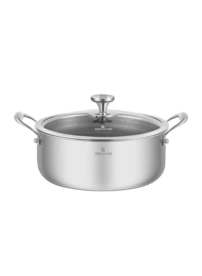 BIDSTONE 28cm Stainless Steel Casserole Pot – 6.5L Honeycomb Nonstick, Induction & Oven Safe, PTFE/PFOA-Free, Dishwasher Safe, Tempered Glass Lid - Image 1