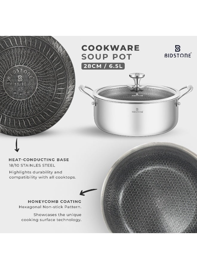 BIDSTONE 28cm Stainless Steel Casserole Pot – 6.5L Honeycomb Nonstick, Induction & Oven Safe, PTFE/PFOA-Free, Dishwasher Safe, Tempered Glass Lid - Image 2